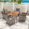 7 Pieces Patio Acacia Wood Cushioned PE Rattan Wicker Dining Set